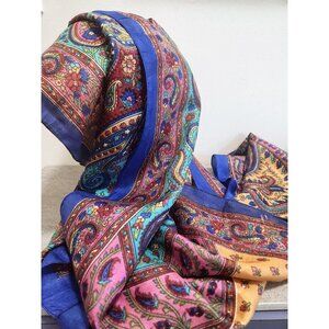 Intricate colourful Soft Long Scarf with Deep Blue Boarder